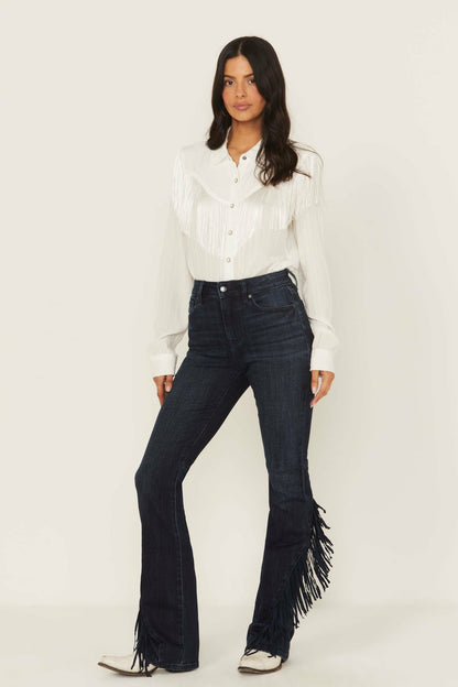Idyllwind Women | Allessio Dark Wash High Rise Fringe Bootcut Super Stretch Denim Jeans